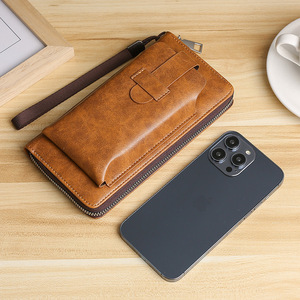 Portefeuille en cuir pour homme, pochette de marque pour téléphone, double fermeture éclair, portefeuille de luxe, pochette en cuir, grande capacité - Product Image 3