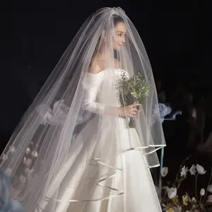 Elegant Two Layers Long Wedding Veils Tulle Bridal Veil With Ribbon Edge