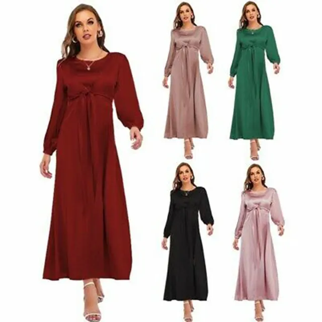 New fashion A line Raglan Sleeve Satin Long Sleeve Abaya Dubai Muslim Women Pure Color Maxi Dress Kaftan