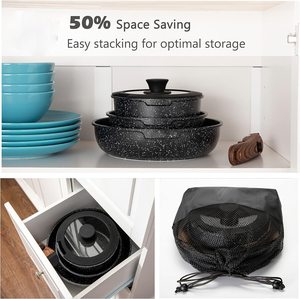 Ensemble de casseroles et poêles à induction avec poignée amovible - Ensemble de 10 ustensiles de cuisine antiadhésifs, ustensiles de cuisine empilables en granit noir pour camping-car - Product Image 6