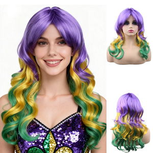 <span class=keywords><strong>Perruque</strong></span> synthétique longue ondulée colorée pour le Mardi Gras (violet, jaune, vert) pour femmes et filles, résistante à la chaleur, avec bonnet en maille élastique pour le cosplay - Product Image 1