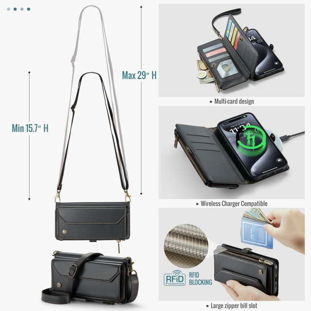 CaseMe Crossbody Leather Wallet Case for iPhone 16E 16 Pro 15 14 13 12 11 Pro XS Max XR 17 Air Shoulder Strap Zipper Pocket
