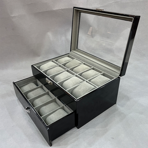 <b>Black</b> Wooden Watch Case Glass Lid Jewelry Box Lockable Storage Organizer for Watches <b>Sunglasses</b> - Product Image 2