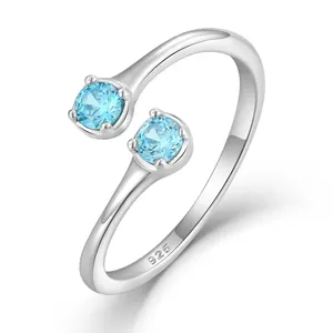 Anel de prata esterlina 925 para mulheres, joia de zircônia cúbica, pedra preciosa azul água-marinha aberta, anel redimensionável