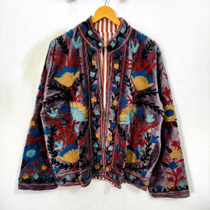 Floral Pattern Autumn Wear Full Sleeve Open Stitch <b>Coat</b> Floral Embroidered <b>Velvet</b> Jacket <b>Women's</b> Prairie Chic Mandarin Collar - Product Image 1