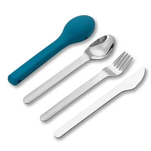 Set di utensili da tasca da campeggio argenteria in acciaio inossidabile con custodia in Silicone