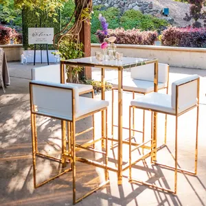 Oro plata acero inoxidable metal barato terciopelo cómodo tapizado al aire libre banquete cóctel alto bar Mesa silla taburete conjunto