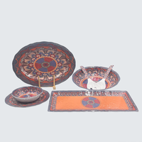 Ensemble complet de vaisselle en mélamine à imprimé mandala ethnique vintage, comprenant des assiettes rondes, des plateaux rectangulaires, des bols à soupe profonds, une cuillère et une fourchette