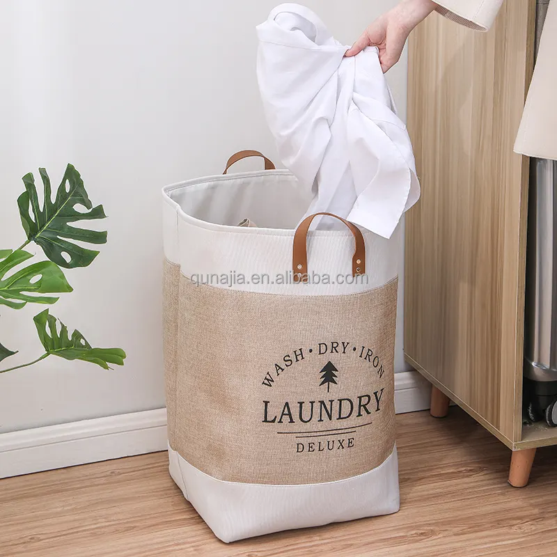 Hot Ins Linen Fabric Dirty Clothes Storage Basket with Leather Handle Bathroom Clothes Hamper Washable Foldable Laundry Basket