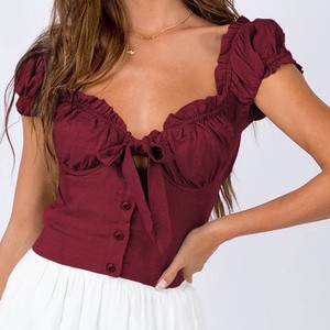 <strong>Party</strong> and Club Women Square Collar Ruffle Short Sleeve Tops Chest Tie Cardigan Blouses Slim Fit Short <strong>Shirts</strong> - Product Image 6
