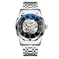 Reloj Mecánico de Lujo para Hombre, Diseño Transparente Dorado con Correa Casual de Acero Inoxidable, Reloj de Pulsera Moderno