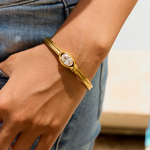 Bracelet manchette tendance en acier inoxydable plaqué or 18 carats avec zircon blanc, double couche, design ouvert, bijou unisexe, cadeau - Product Image 3