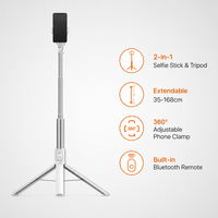 Trépied perche à selfie 2-en-1 en aluminium extensible pour téléphone, commande en gros personnalisée, directement de l'usine, avec télécommande et pince 360°
