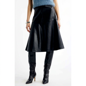 Jupe trapèze mi-longue en similicuir pour femme, couleur unie, brillante, taille haute, toutes saisons - Product Image 1