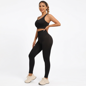 Women's 2 Piece <b>Yoga</b> Set High Waist <b>Leggings</b> Crop Top Seamless Full Length Solid <b>Black</b> Spandex Polyester Racerback Sleeveless - Product Image 4