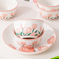 Ensemble de bols à riz en céramique imprimés de tulipes roses, 2/4/6 pièces, passe au micro-ondes, vaisselle en porcelaine, souvenir de mariage pour les invités, boîte cadeau rose