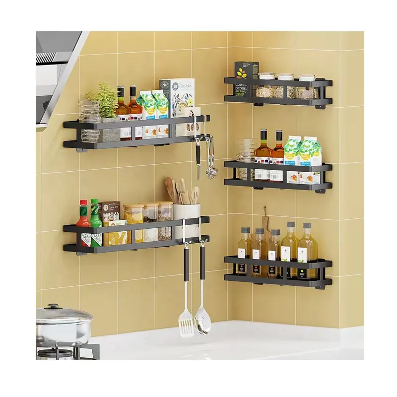 Lihangrui no-punching kitchen Cabinet spice rack organizer wall metal mount Chrome Tiered Hanging Shelf for spice mason jar