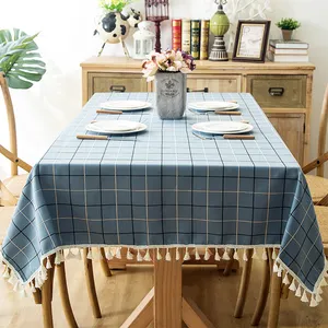 High Quality Custom Size Cyan Check Design Linen Table Cloths For Card Table