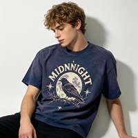 T-shirt bleu délavé à l'acide, style vintage, effet salissé, streetwear, avec motif MIDNNIGHT, pour hommes et unisexe, lot en gros