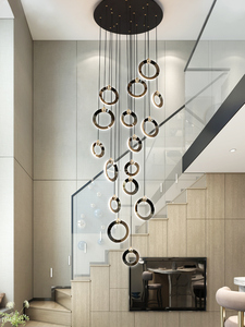 Lámpara de araña de escalera larga con diseño de anillo posmoderno, luz colgante para pasillo de ático, luz colgante negra Simple para sala de estar, comedor - Product Image 5