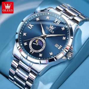 Olevs 2956 quarzo <span class=keywords><strong>uomo</strong></span> <span class=keywords><strong>24</strong></span> <span class=keywords><strong>ore</strong></span> luna fase luminosa notte calendario romano orologi al quarzo in acciaio inox orologi al quarzo per gli uomini - Product Image 2