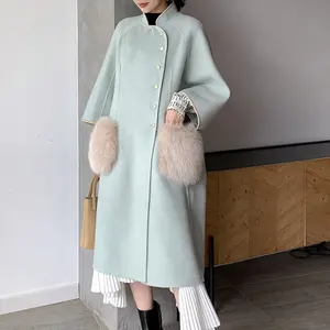 Di alta qualità reale della pelliccia di volpe di Lana della tasca delle signore del Panno 100% In Australia lana cappotto per le ragazze lungo inverno cappotto di lana delle donne