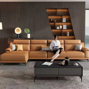 أريكة إيطالية فاخرة عصرية لغرفة المعيشة أريكة كبيرة من الجلد عالية الجودة من الفولاذ المقاوم للصدأ قابلة للتمدد - Product Image 4