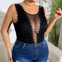 Haut une pièce sexy en dentelle noire à motif diamant, patchwork, coupe ajustée, grande taille, amincissant, sans bretelles, sans coussinets de poitrine, pour sorties