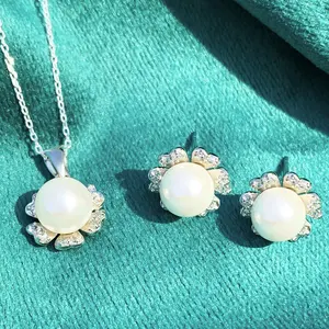 New Fashion Natural Pearl 925 Sterling Silver Jewelry Set Flower Shape White Gold Plated for Women Party