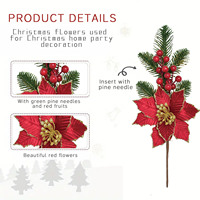 Fleur de Noël artificielle faite à la main en tissu rouge de 35 cm, feuilles de pin, baies, directement de l'usine, pour la décoration de l'arbre de Noël