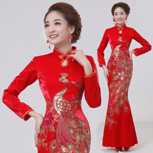 2016 elegante Ricamato Cheongsam Lungo Rosso Da Sposa/Abiti Da Sera - Product Image 4