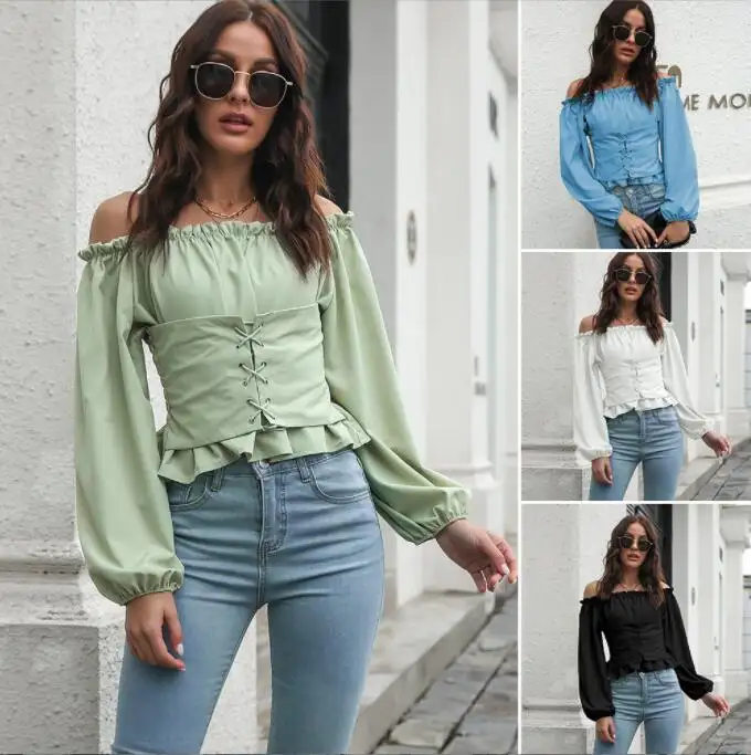 STOCK High Quality Women Clothing Blouse Crop Tops Off Shoulders Chiffon Blouses Shirt