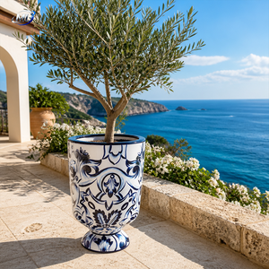 Maceta con Patrón Azul y Blanco, Maceta Decorativa de Fibra de Vidrio para Árboles, para Patio, Balcón, Jardín - Product Image 1