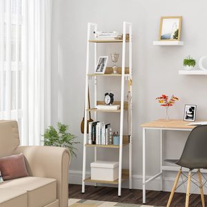Estante de Almacenamiento de 5 Niveles con 4 Ganchos, Librería de Estilo Industrial para Cocina, Hecho de MDF y Metal, Estante de <span class=keywords><strong>Escalera</strong></span> Estrecho, Blanco - Product Image 2