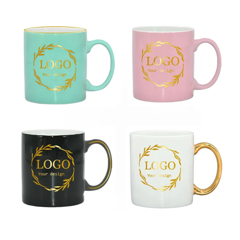 Taza promocional personalizada para publicidad, logotipo personalizado impreso, de porcelana, taza de café con mango dorado, tazas de cerámica para café