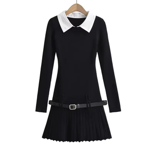 Abito Polo vita Design Splicing donne donne autunno Chic si coltivano con un centinaio di pieghe abiti - Product Image 1