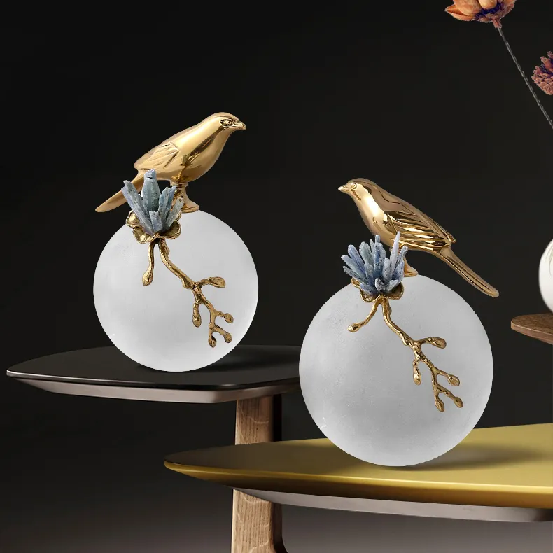 Modern Minimalist Accessories Living Room Home Art Brass Small Bird Designer Ornaments Artificial Glam Crystal Flower Decoration