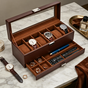 Boîte à montres grande capacité à double couche, intérieur en velours marron, couvercle en verre, tiroir pour ranger montres-bracelets, bagues, bracelets de montre et accessoires - Product Image 2