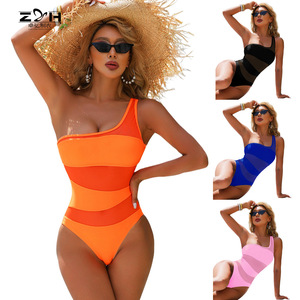 Traje de baño de una pieza, naranja, negro, color sólido, cintura alta, corte ajustado, talla L, fibra de poliéster - Product Image 4