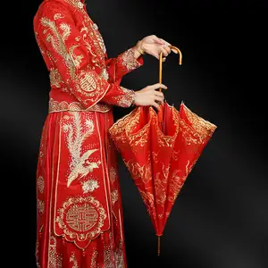 DD2045 Vintage Chinese Wedding Red Parasol Photo Props Decor Gold Thread Parasol Engagement Girls Bride Dowry Marry Umbrella