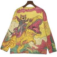 Suéter de punto acanalado con estampado de gato de dibujos animados montado en dinosaurio para mujer, cuello redondo informal, manga larga, estilo oversize, para uso diario, combina con todo.