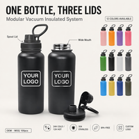 Bouteille d'eau modulaire 3-en-1 de 32 oz, gourde isotherme en acier inoxydable avec bec verseur à ouverture large, logo personnalisé