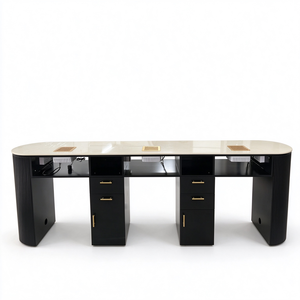 Ensemble de table à ongles avec chaise de technicienne ongulaire, table de manucure en PU noir avec tiroir collecteur de poussière, cadre doré, mobilier de salon de manucure - Product Image 4