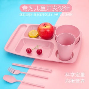 Wheat Straw Divided <b>Plate</b> Set With Bowl Spoon Chopsticks Fork <b>Large</b> Capacity Kids Tableware Rectangle Solid Color - Product Image 2
