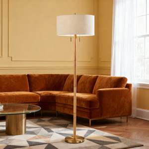 Lampadaire scandinave en laiton avec abat-jour blanc cassé, hauteur réglable, source lumineuse LED, éclairage pour salon et chambre - Product Image 4