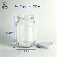 Pot en verre décoratif à motif latéral de 650 ml, récipient haute transparence pour l'emballage de produits fermentés destiné au marché de détail