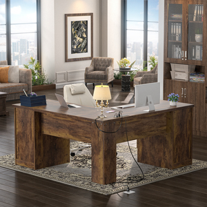 Bureau de direction en forme de L Unikito avec tiroir, prises électriques, ports de charge USB, écologique, gain de place, armoire de rangement pour 2 personnes - Product Image 3