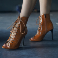 Femmes 9cm talon haut cheville sandale jaune PU cuir Peep Jazz bottes de danse latine fermeture à lacets pour automne hiver moderne Tango