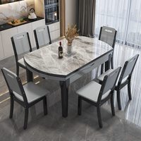Ensemble de table à manger en bois massif avec plateau en pierre frittée rétractable, convertible carré/rond, 6 chaises, style moderne et luxueux pour la maison