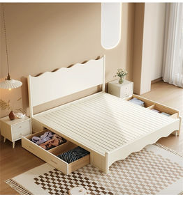 Stile Nordic Cream appartamento moderno camera da <span class=keywords><strong>letto</strong></span> Set mobili King Size in legno letti a onda testiera Design adulto <span class=keywords><strong>letto</strong></span> <span class=keywords><strong>matrimoniale</strong></span> - Product Image 6